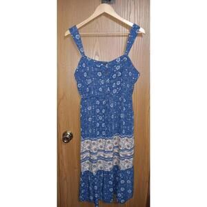 Lucky Brand Apron Style Dress Womens Size XL Blue Floral Button And Tie Waist...